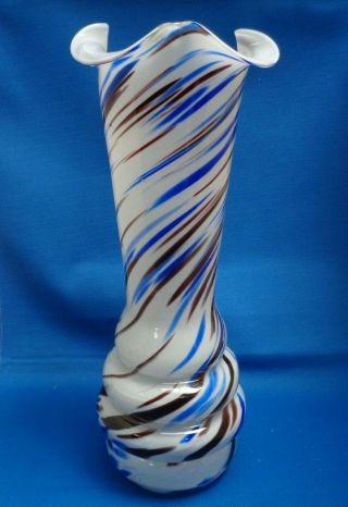 Vintage Murano Art Glass Swirl Pattern Vase Frill Top 12” White Blue Brown