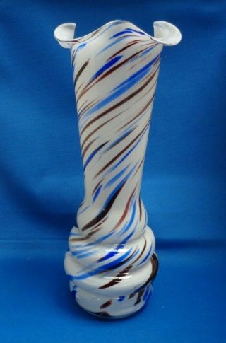 Vintage Murano Art Glass Swirl Pattern Vase Frill Top 12” White Blue Brown 2