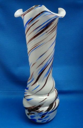 Vintage Murano Art Glass Swirl Pattern Vase Frill Top 12” White Blue Brown 3