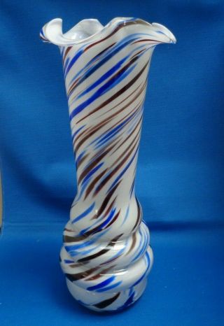 Vintage Murano Art Glass Swirl Pattern Vase Frill Top 12” White Blue Brown 4