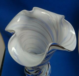 Vintage Murano Art Glass Swirl Pattern Vase Frill Top 12” White Blue Brown 5