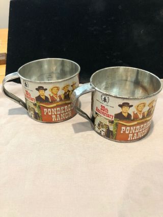 Vintage Ponderosa Ranch Bonanza Tv Set Of 2 Souvenir Tin Cups Coffee Mugs 1960s
