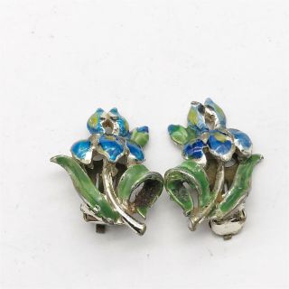 Vintage Ladies Costume Jewellery Exquisite Enamel Flower Clip On Earrings