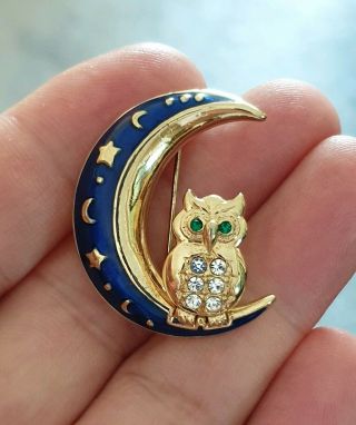 Vintage Signed Bj Jewellery Enamelled Owl Crystal Rhinestone Gold Brooch Pin