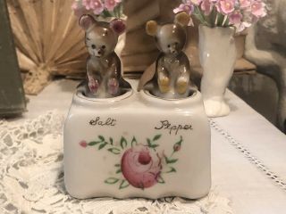 Vintage Bear Cub Salt And Pepper Shaker Nodders With Pink Rose Base Holder Set