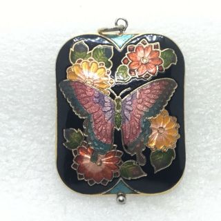 Vintage Double Sided Cloisonne Butterfly Flower Pendant Enamel Gold Tone Jewelry