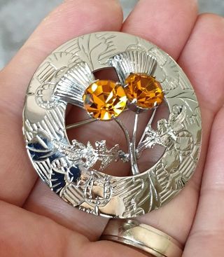 Vintage Mizpah Jewellery Scottish Celtic Amber Thistle Shield Plaid Brooch Pin