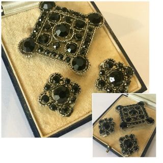 Vintage Jewellery Costume Silver Tone Black Stone Brooch & Earrings Set