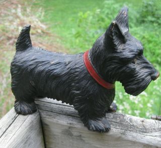 Vintage Black Scottie Dog With Red Collar Statue