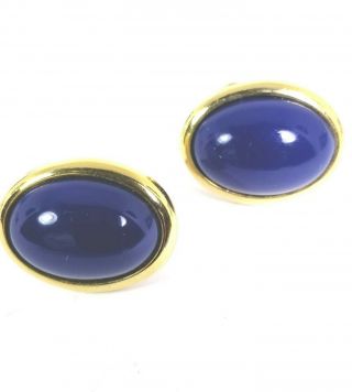 Vintage Earrings Pierced Signed Trifari Gold Tone Enamel Blue Cabochon
