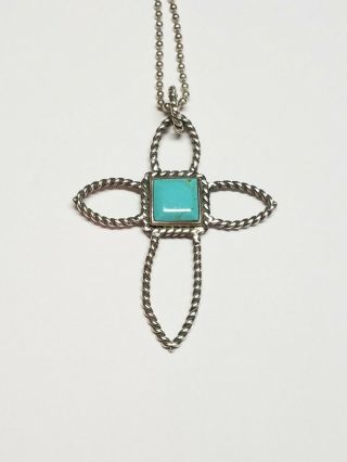 Vintage Cfj 925 Sterling Silver Twiisted Design Turquoise Cross Pendant Necklace