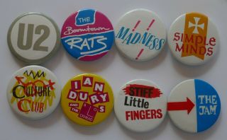 8 Vintage Early 1980s Music Badges Smash Hits Madness The Jam Boomtown U2