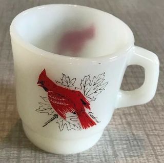 Vintage Anchor Hocking Milk Glass Coffee Cup Mug Bird Design / Cardinal