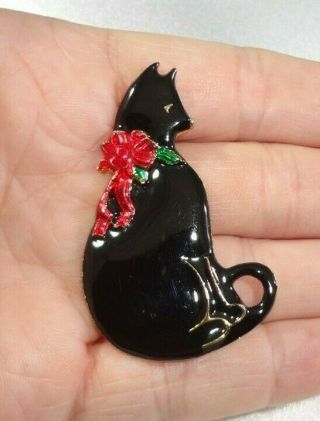 Vtg Vero " Christmas Kitty " Black Enamel Cat Red Ribbon Bow Brooch / Pin Cute