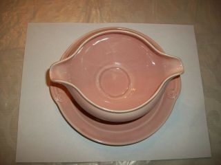 Vintage T.  S.  &t.  Lu - Ray Ceramic Pastel Pink Attached Gravy Bowl & Plate U.  S.  A.