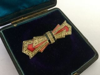 Vintage Art Deco Pierre Bex Style Red Gold & Black Enamel Geometric Brooch Pin 4