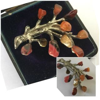 Vintage Jewellery Exquisite Silver & Amber Jasper Stone Tree Of Life Brooch Pin