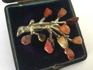 Vintage Jewellery Exquisite Silver & Amber Jasper Stone Tree Of Life Brooch Pin 2
