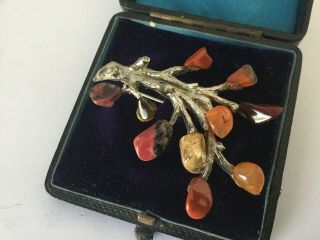 Vintage Jewellery Exquisite Silver & Amber Jasper Stone Tree Of Life Brooch Pin 3
