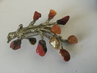 Vintage Jewellery Exquisite Silver & Amber Jasper Stone Tree Of Life Brooch Pin 4