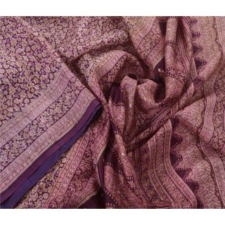 Sanskriti Vintage Purple Saree Pure Silk Floral Printed Sari Craft Decor Fabric