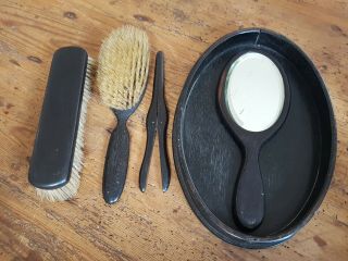 Vintage Ebony Vanity Set,  Mirror,  Brush,  Tray,  Glove Stretchers Clothes Brush