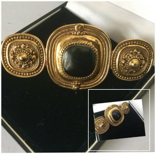 Vintage Jewellery Unusual Gold Tone & Black Cabochon Brooch Dress Pin