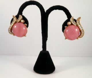 Vintage Pink Swirl Glass Cabochon Faux Pearl Ab Rhinestone Gold Tone Earrings
