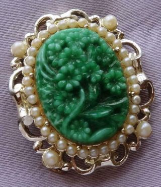 Vintage Pearl Green Glass Floral Brooch By Exquisite