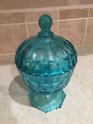 Vintage Turquoise Blue Glass Bird Covered Candy Dish - 2 Chips Inside Lid
