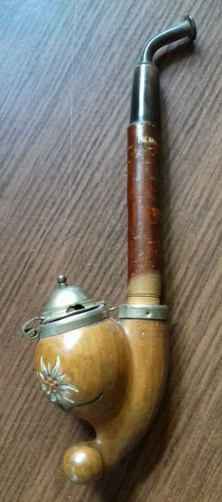 Vintage Long Stem,  Carved,  Unnsbruck Briar Pipe With Wind Lid.