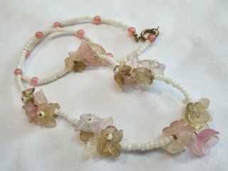 Vintage Pretty Pastel Coloured Glass Flower Cluster & White Glass Bead Necklace