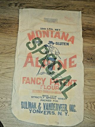 Vintage " Montana Alpine " Fancy Patent Flour 100 Lb.  Feed Sack,  Bag,  Yonkers,  Ny