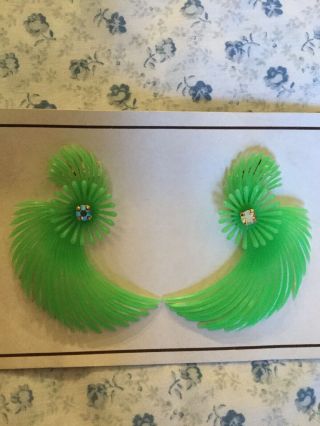 1960s Green Clip On Diamante Feather Earrings - Vintage