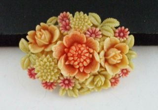 Lovely Vintage Occupied Japan Carved Celluloid Plastic Flower Pin Brooch C Clasp