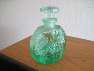 Vintage I.  W.  Rice Irice Glass Perfume Bottle Green Hand Cut Label Made In Japan