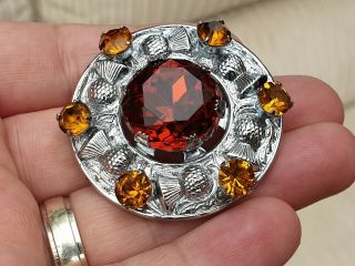 Vintage Jewellery Scottish Celtic Amber Thistle Silver Brooch Pin
