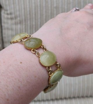 Stunning Vintage Jewellery Crafted Yellow Green Banded Agate Gold Panel Bracelet