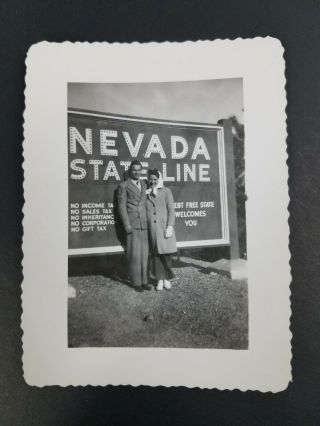 Real Vintage Photograph Nevada State Line Sign 40 ' s 50 ' s Photo of Man Woman 3x4 