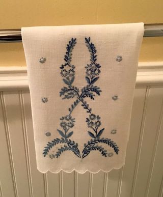 Vintage Hand Embroidered Linen Tea Towel - Blue Floral Design,  Lovely Exc.