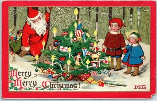 Vintage Christmas Postcard Santa Claus Xmas Tree & Children Tuck 