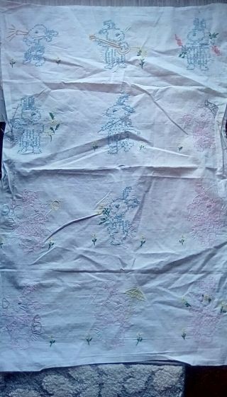 Vintage Toddler Or Baby Quilt Top,  Hand Embroidered,  Bunny Rabbits