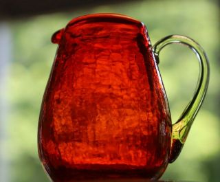 Vintage Hand Blown Crackle Glass Pitcher Creamer Red Orange 3 1/2 Inches
