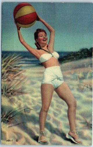 Vintage 1940s Pin - Up Girl Postcard Blond Girl Beach Ball Mwm Linen Ab517
