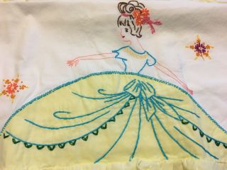 Vtg Pair Hand - Embroidered Southern Belle Standard Pillowcases w/Ruffle 2