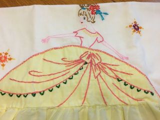 Vtg Pair Hand - Embroidered Southern Belle Standard Pillowcases w/Ruffle 3