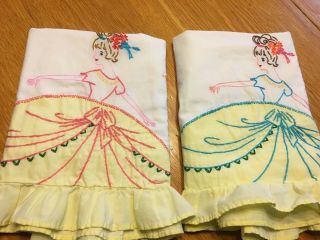 Vtg Pair Hand - Embroidered Southern Belle Standard Pillowcases w/Ruffle 4