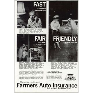1960 Farmers Auto Insurance: Fast Fair Friendly Vintage Print Ad