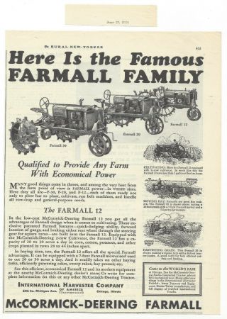 Vtg 1934 Mccormick - Deering Farmall 12 20 30 Tractor Ad International Harvester