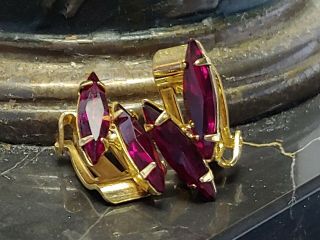 Vintage Gold Tone Ruby Red Rhinestone Marquise Clip - On Earrings